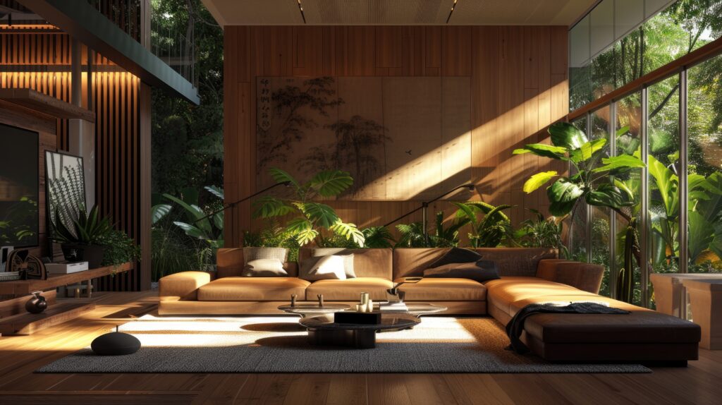 photorealistic timber house interior with wooden decor furnishings